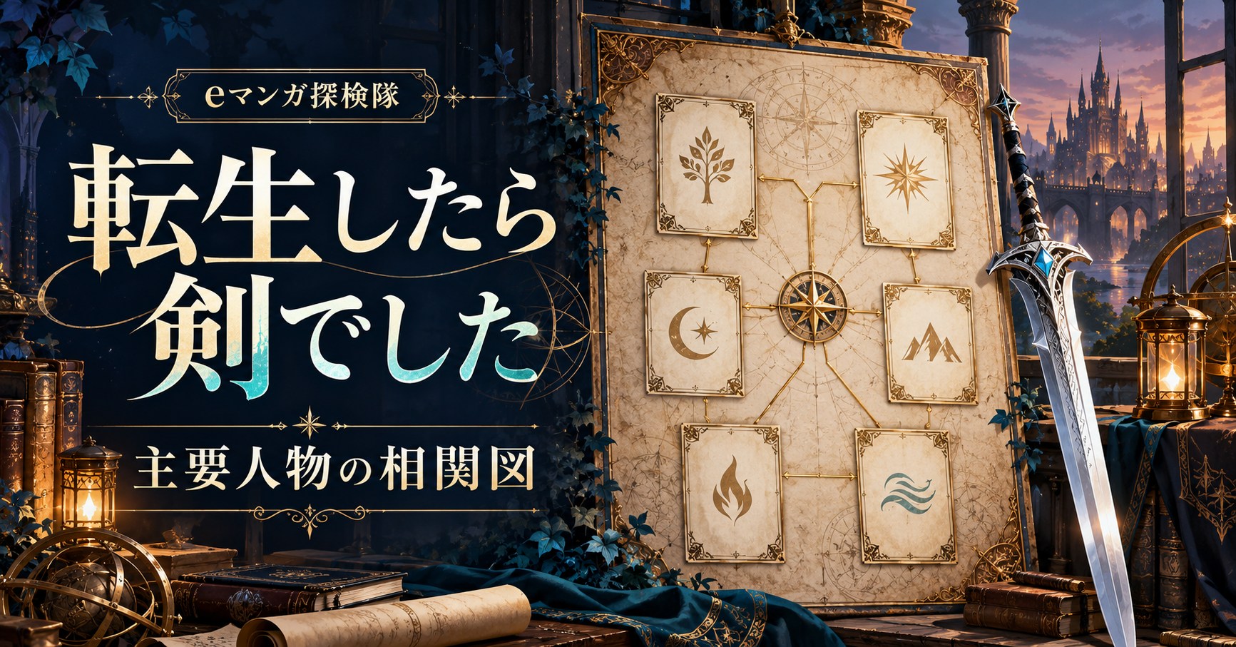 転生したら剣でしたの主要人物の関係を表す剣とつながるカードのイラスト