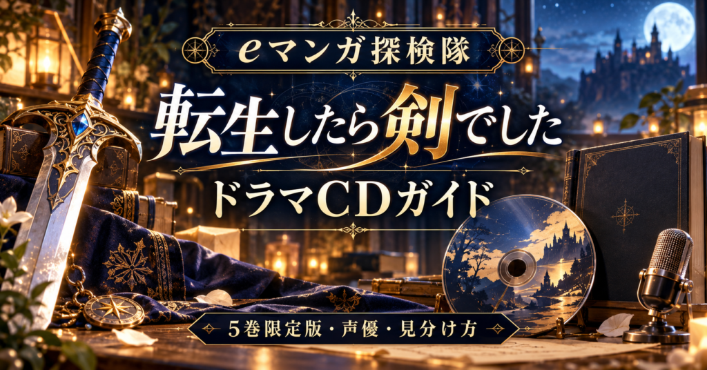 転生したら剣でしたのドラマCDを案内する剣とCDと本とマイクのイラスト