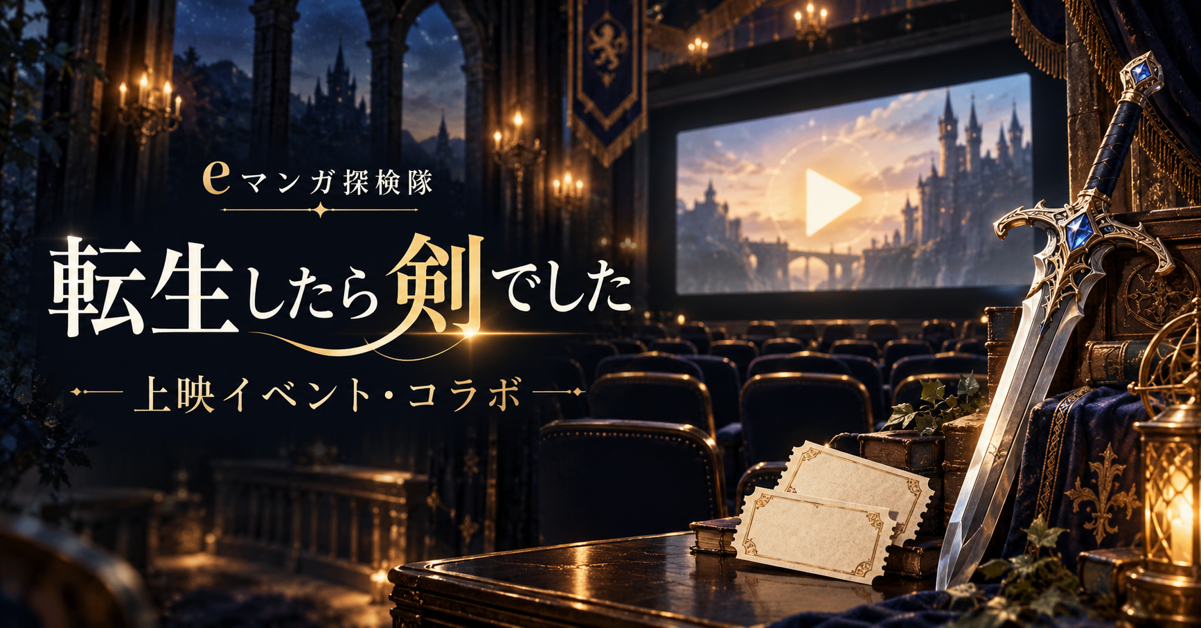 転生したら剣でしたの上映イベント案内を表す剣と映画スクリーンのイラスト