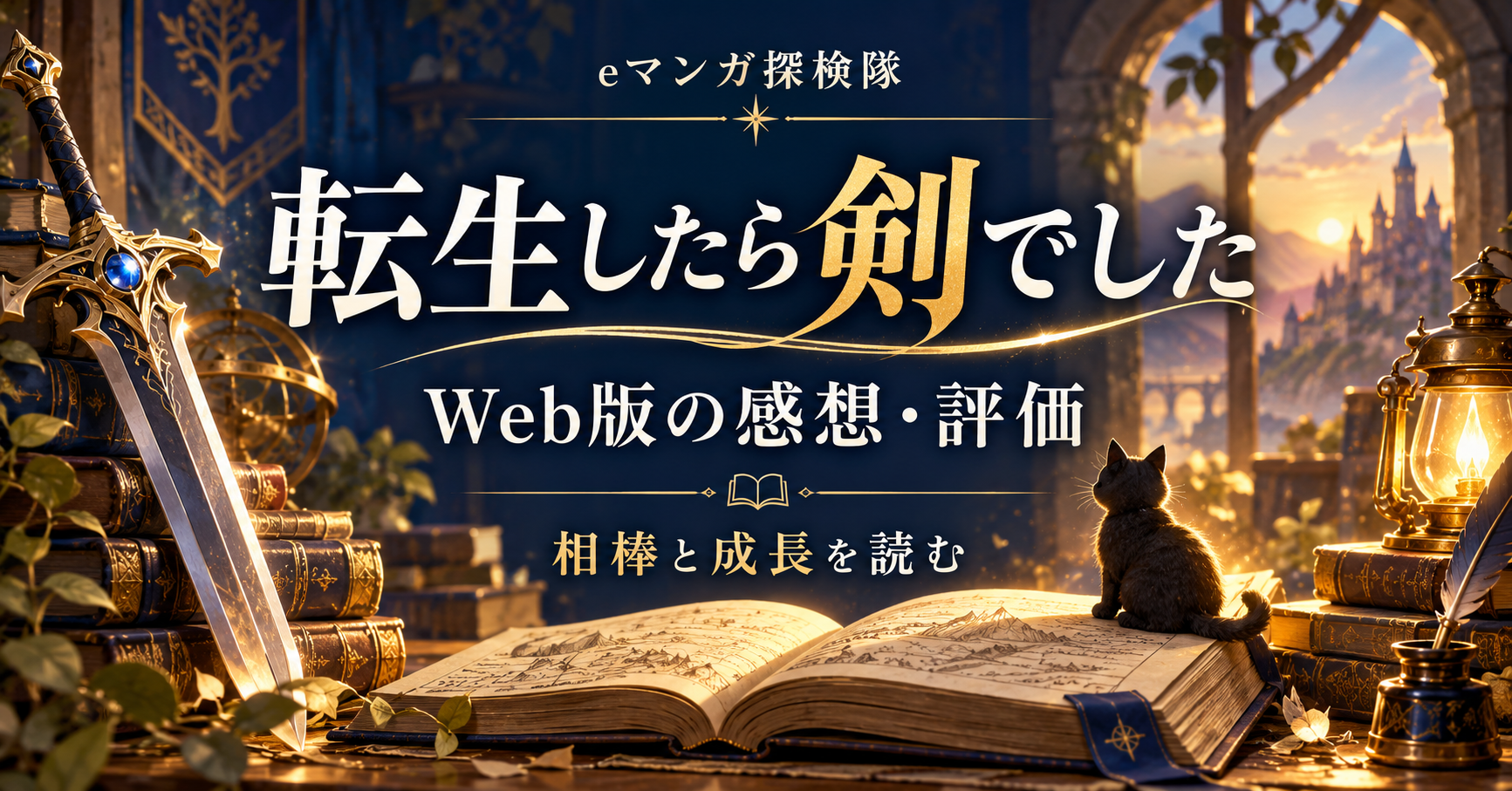 転生したら剣でしたのWeb版レビューを表す剣と本と黒猫のシルエットのイラスト