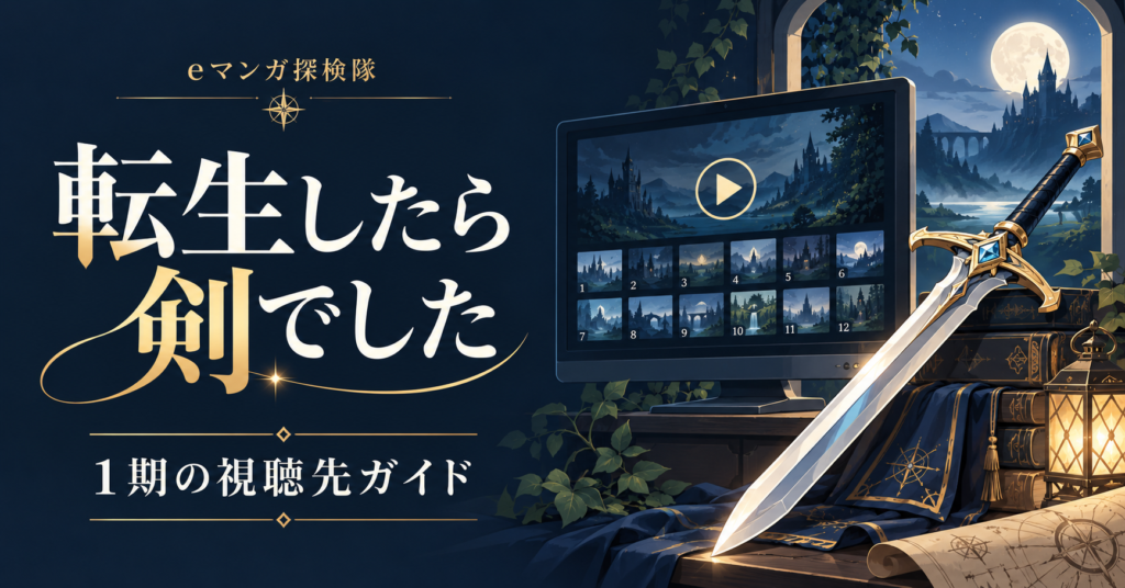 転生したら剣でした1期の視聴先ガイドを表す剣と再生画面のイラスト