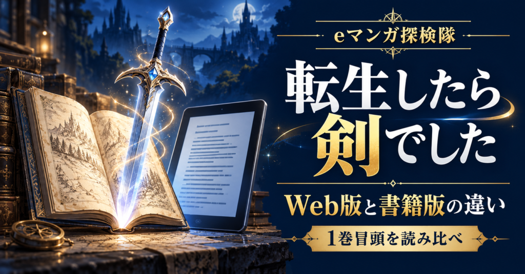 転生したら剣でしたのWeb版と書籍版の比較を表す開いた本と剣と端末の創作イラスト