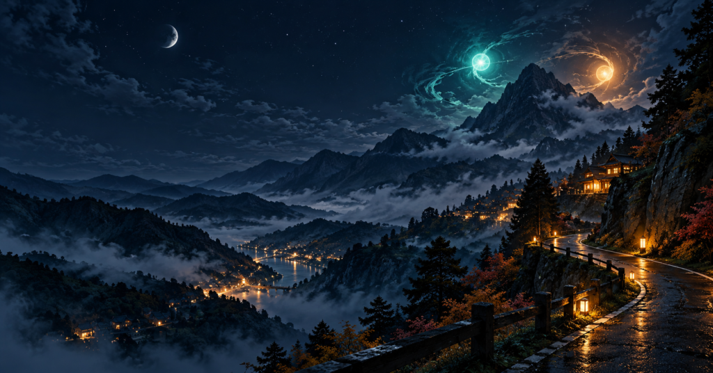 山間の夜景と二つの抽象的な光で作品の謎を表現したオリジナルイラスト