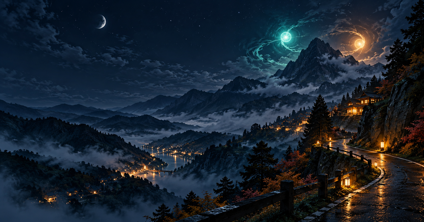 山間の夜景と二つの抽象的な光で作品の謎を表現したオリジナルイラスト