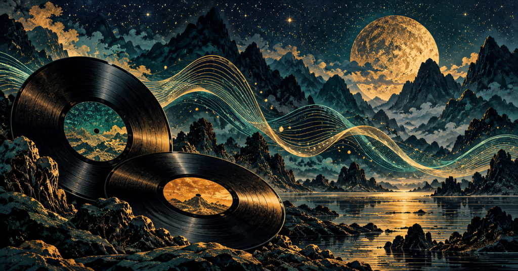 二つのレコードと音の波を夜色で描いた主題歌案内用のオリジナルイラスト