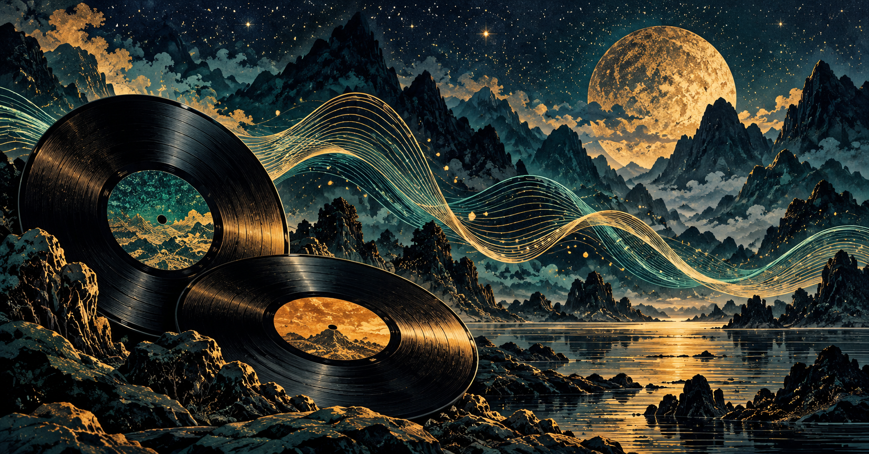 二つのレコードと音の波を夜色で描いた主題歌案内用のオリジナルイラスト